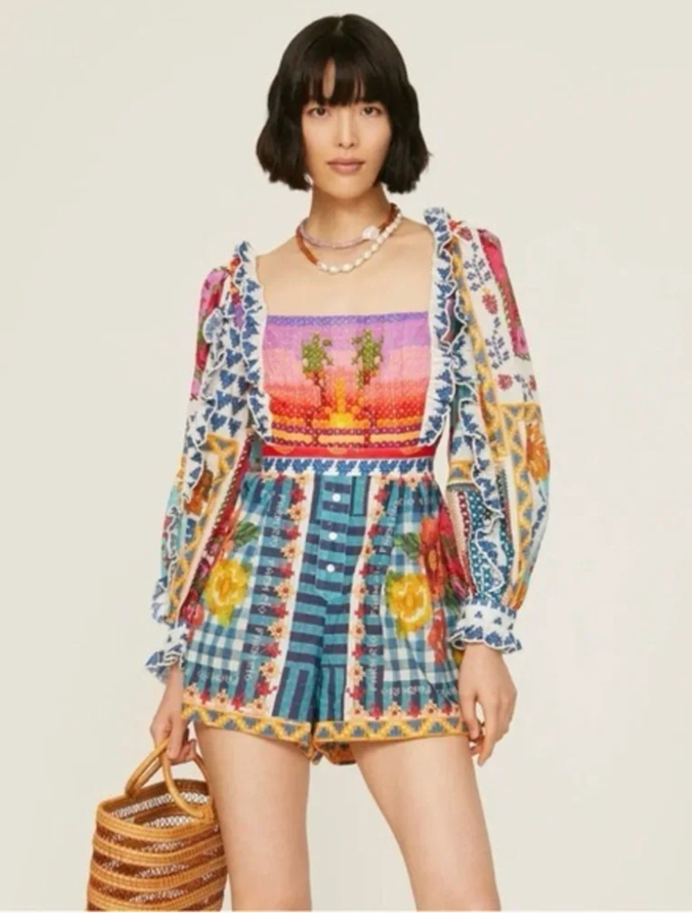 Farm Rio NEW Summer Stitches Romper, Med